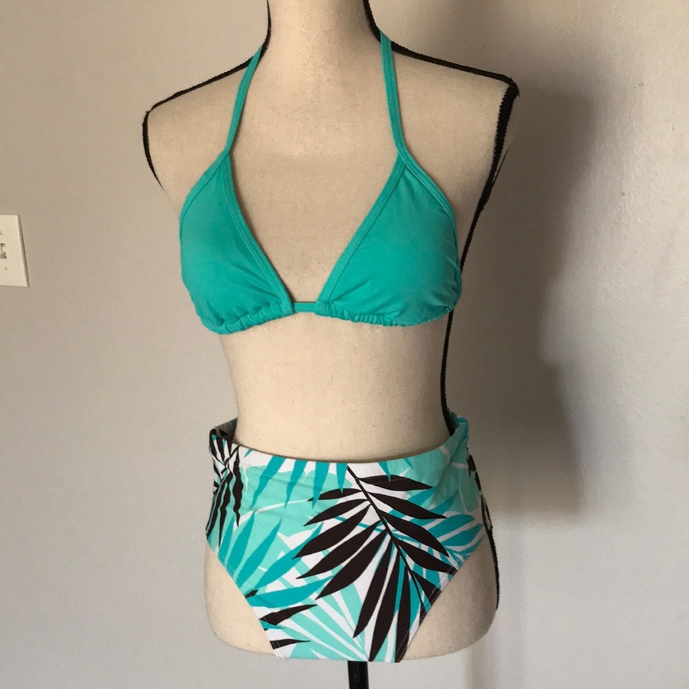Turquoise High Waist Palm Print  Bikini Set | M